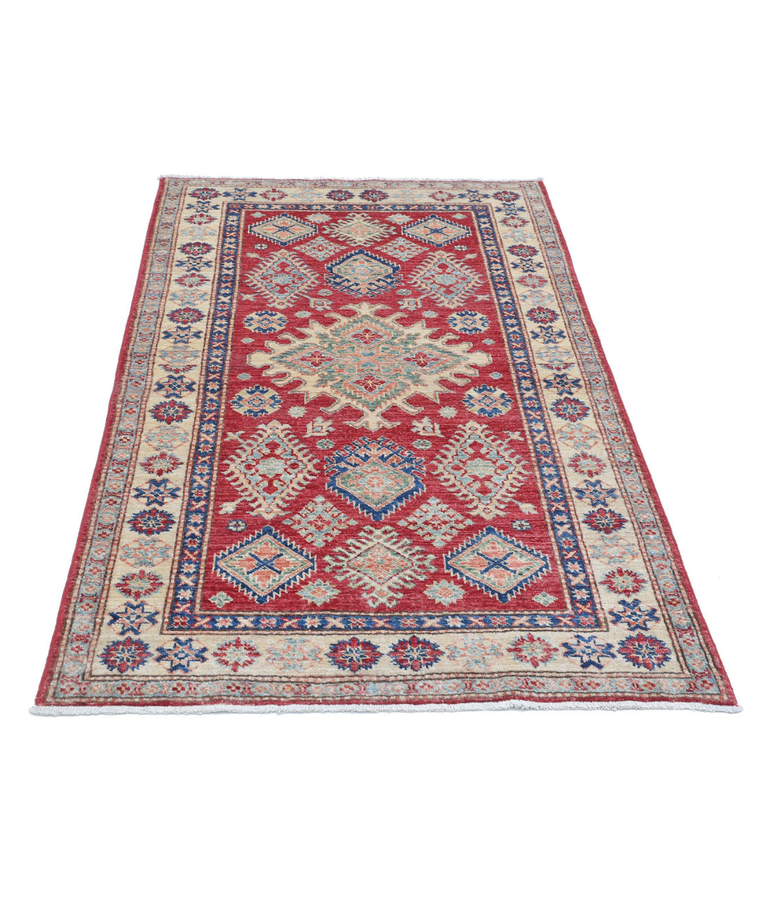 Hand Knotted Royal Kazak Wool Rug - 3'3'' x 5'6'' 3'3'' x 5'6'' (98 X 165) / Red / Ivory