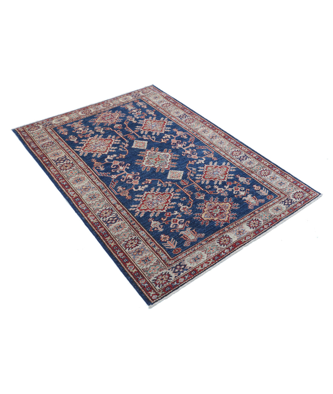 Hand Knotted Royal Kazak Wool Rug - 4'0'' x 5'5'' 4'0'' x 5'5'' (120 X 163) / Blue / Ivory