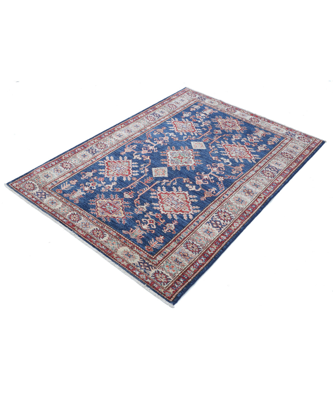 Hand Knotted Royal Kazak Wool Rug - 4'0'' x 5'5'' 4'0'' x 5'5'' (120 X 163) / Blue / Ivory