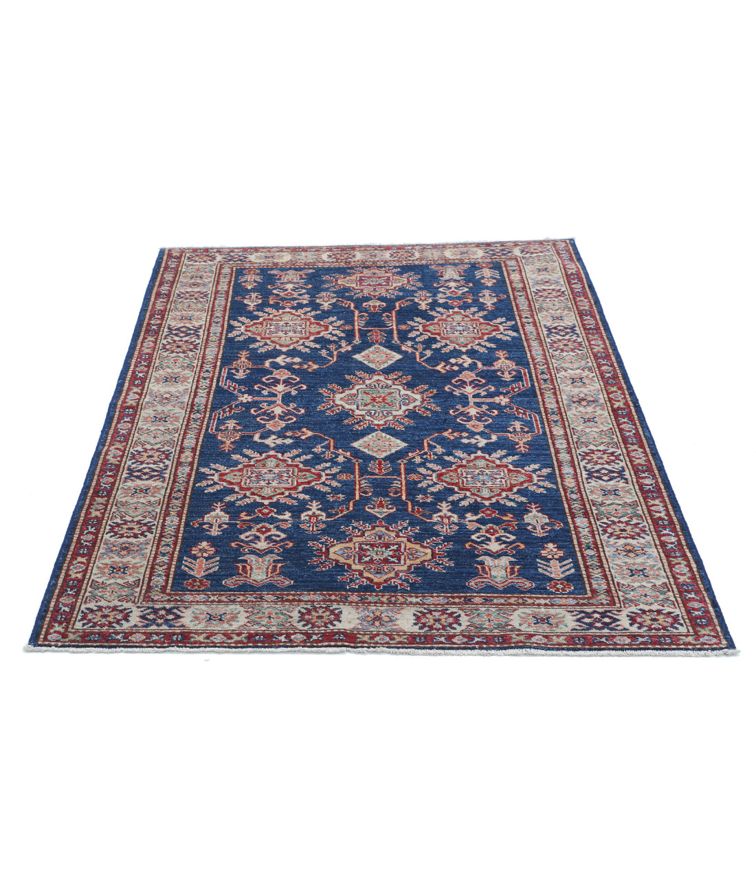 Hand Knotted Royal Kazak Wool Rug - 4'0'' x 5'5'' 4'0'' x 5'5'' (120 X 163) / Blue / Ivory