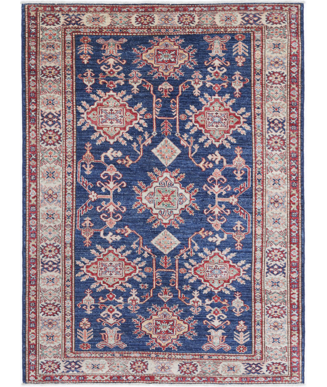 Hand Knotted Royal Kazak Wool Rug - 4&#39;0&#39;&#39; x 5&#39;5&#39;&#39; 4&#39;0&#39;&#39; x 5&#39;5&#39;&#39; (120 X 163) / Blue / Ivory