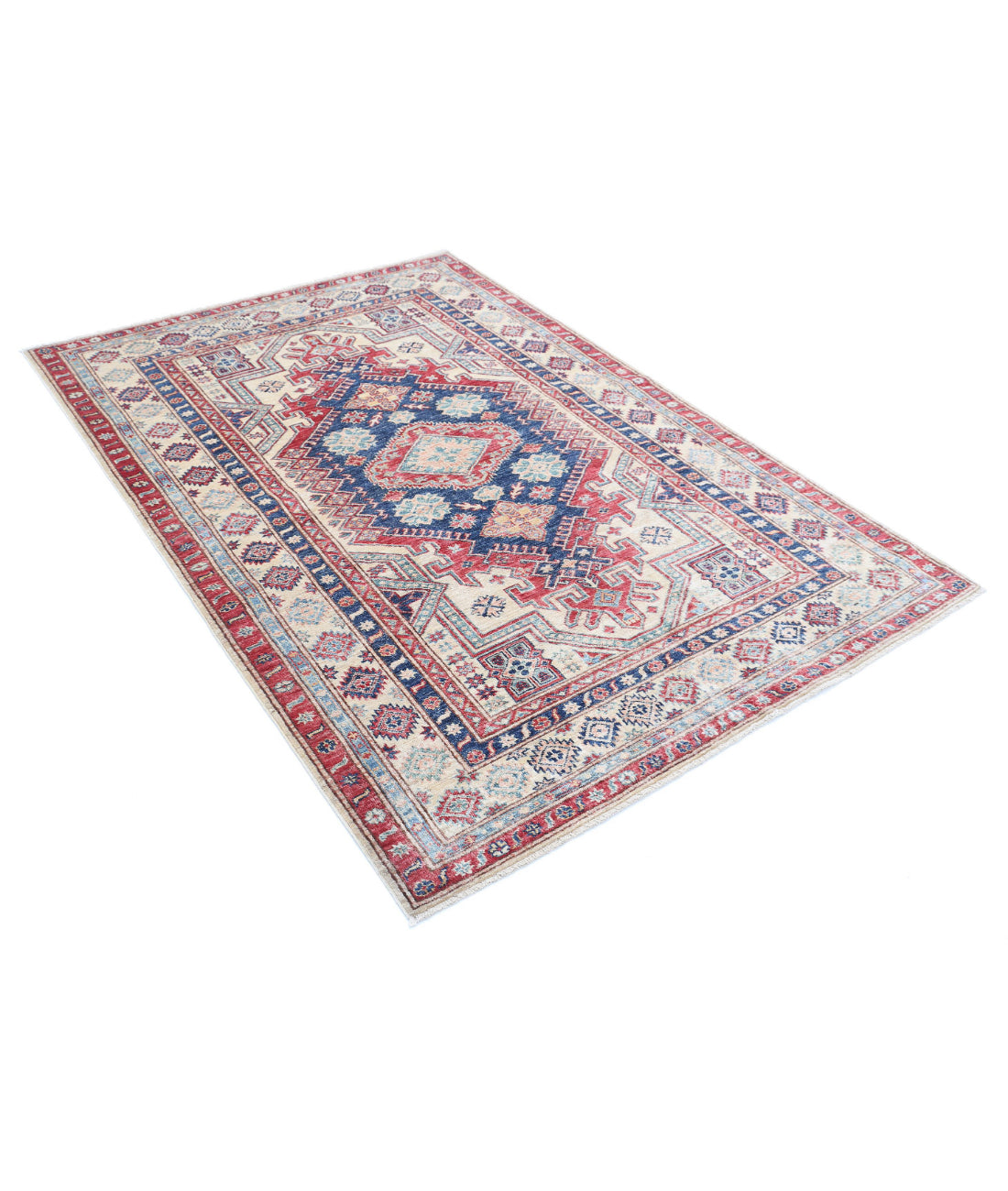 Hand Knotted Royal Kazak Wool Rug - 4'8'' x 6'8'' 4'8'' x 6'8'' (140 X 200) / Blue / Ivory