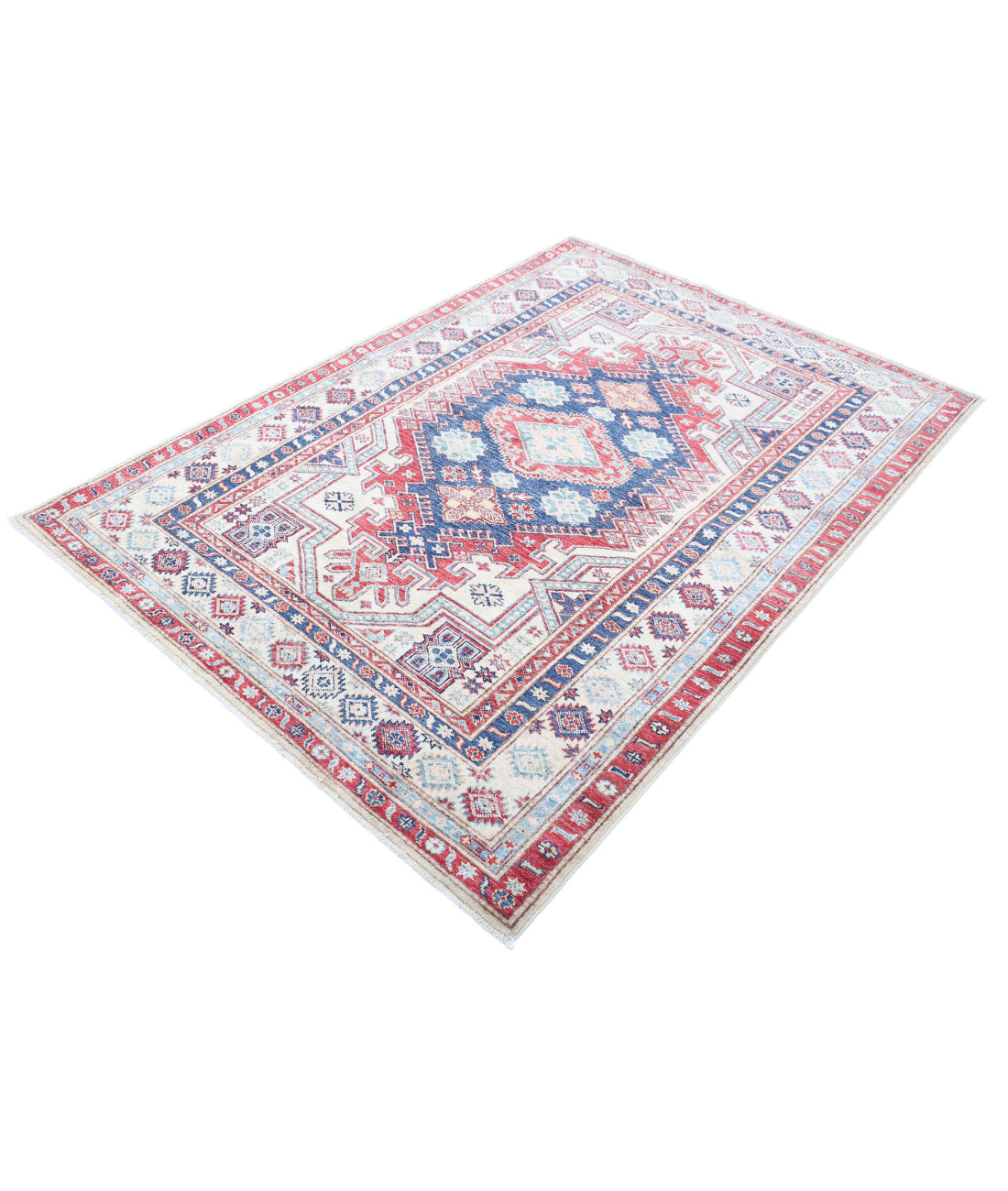 Hand Knotted Royal Kazak Wool Rug - 4'8'' x 6'8'' 4'8'' x 6'8'' (140 X 200) / Blue / Ivory