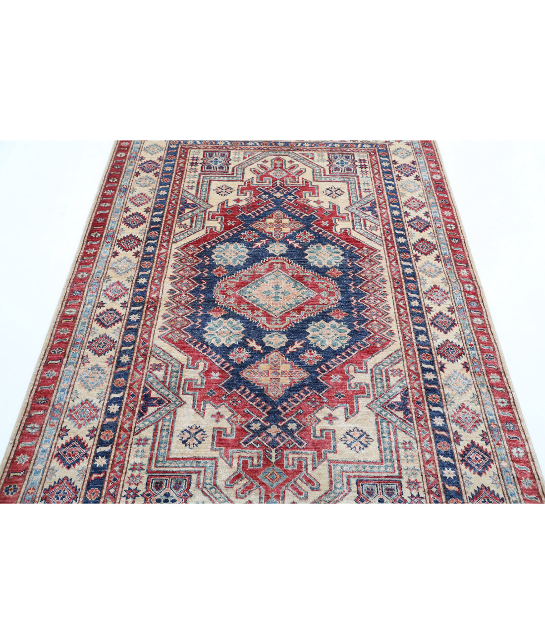 Hand Knotted Royal Kazak Wool Rug - 4'8'' x 6'8'' 4'8'' x 6'8'' (140 X 200) / Blue / Ivory