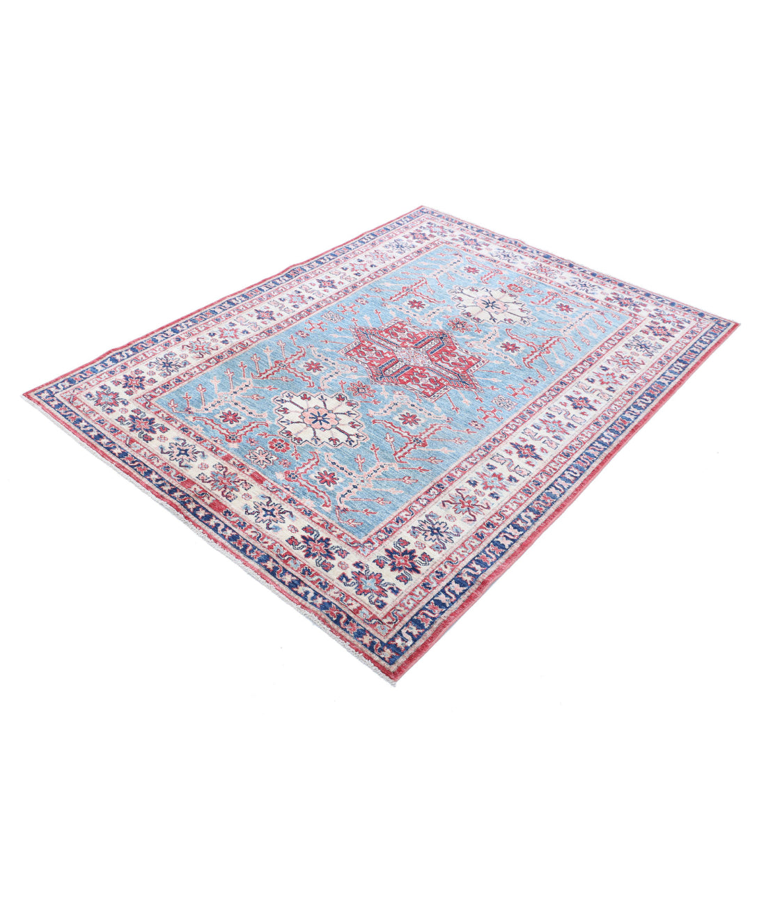 Hand Knotted Royal Kazak Wool Rug - 4'9'' x 6'5'' 4'9'' x 6'5'' (143 X 193) / Blue / Ivory