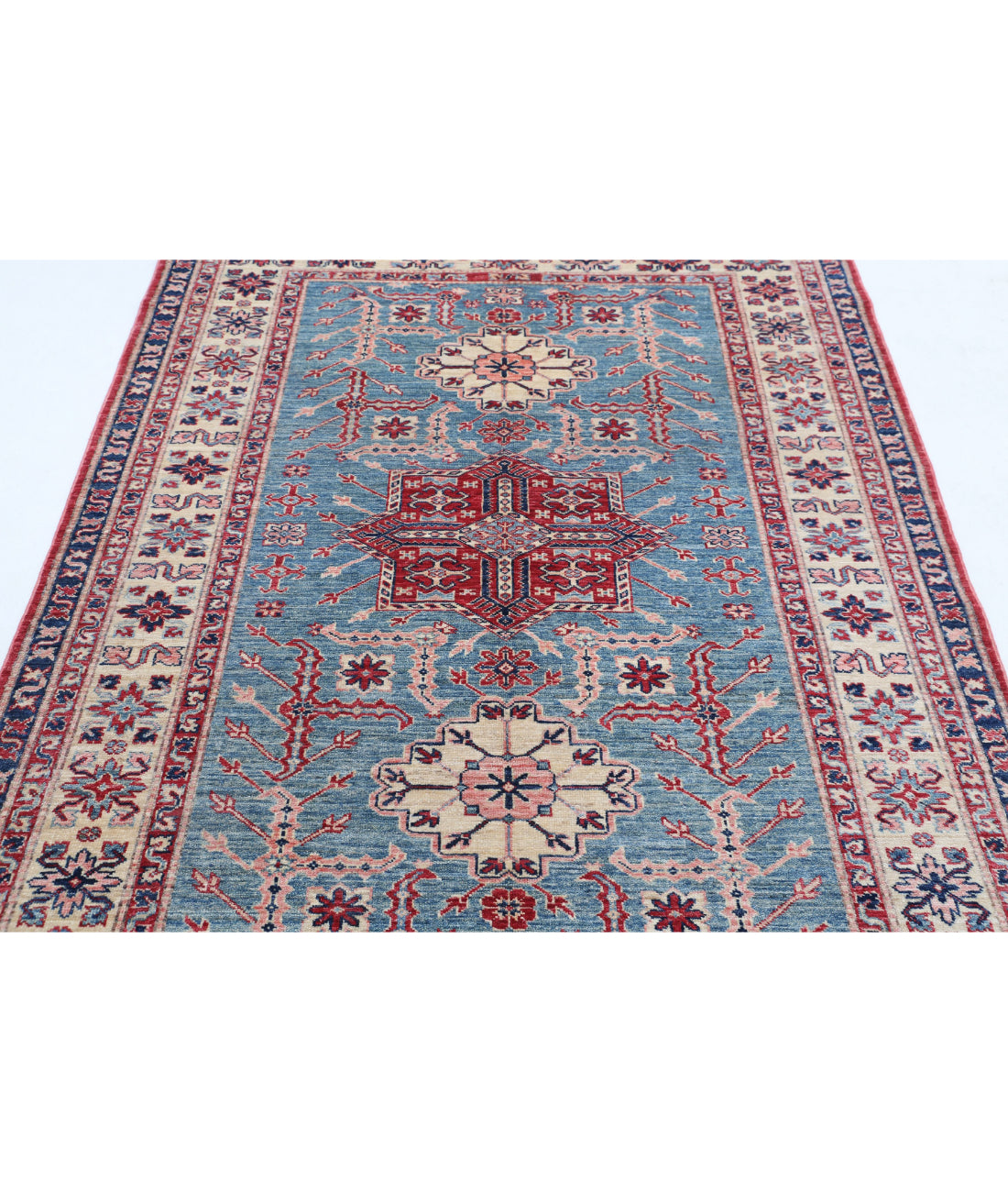 Hand Knotted Royal Kazak Wool Rug - 4'9'' x 6'5'' 4'9'' x 6'5'' (143 X 193) / Blue / Ivory