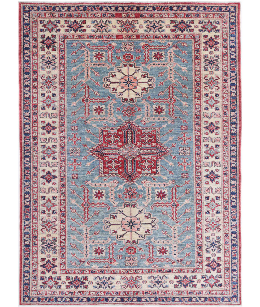 Hand Knotted Royal Kazak Wool Rug - 4&#39;9&#39;&#39; x 6&#39;5&#39;&#39; 4&#39;9&#39;&#39; x 6&#39;5&#39;&#39; (143 X 193) / Blue / Ivory