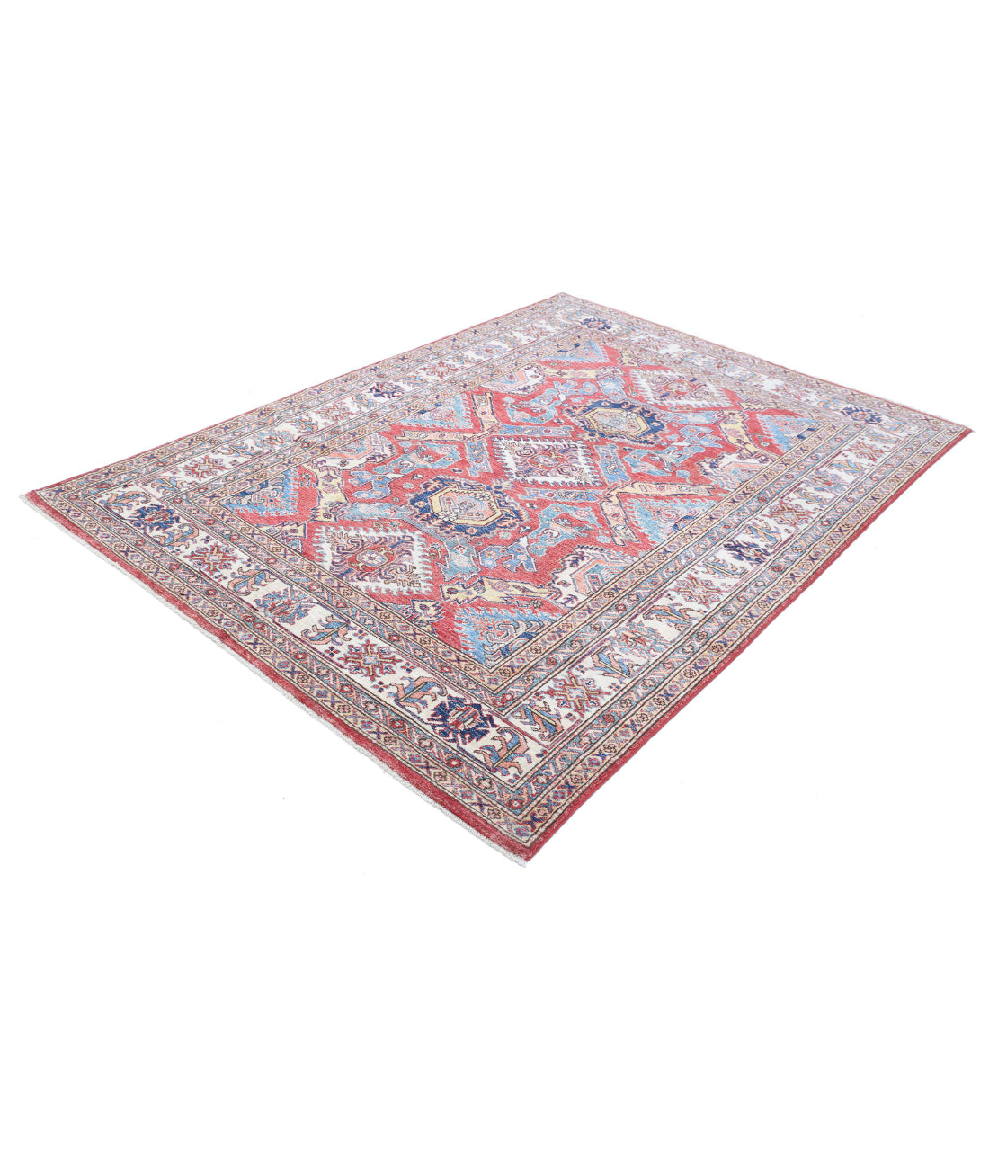 Hand Knotted Royal Kazak Wool Rug - 5'9'' x 7'11'' 5'9'' x 7'11'' (173 X 238) / Red / Ivory