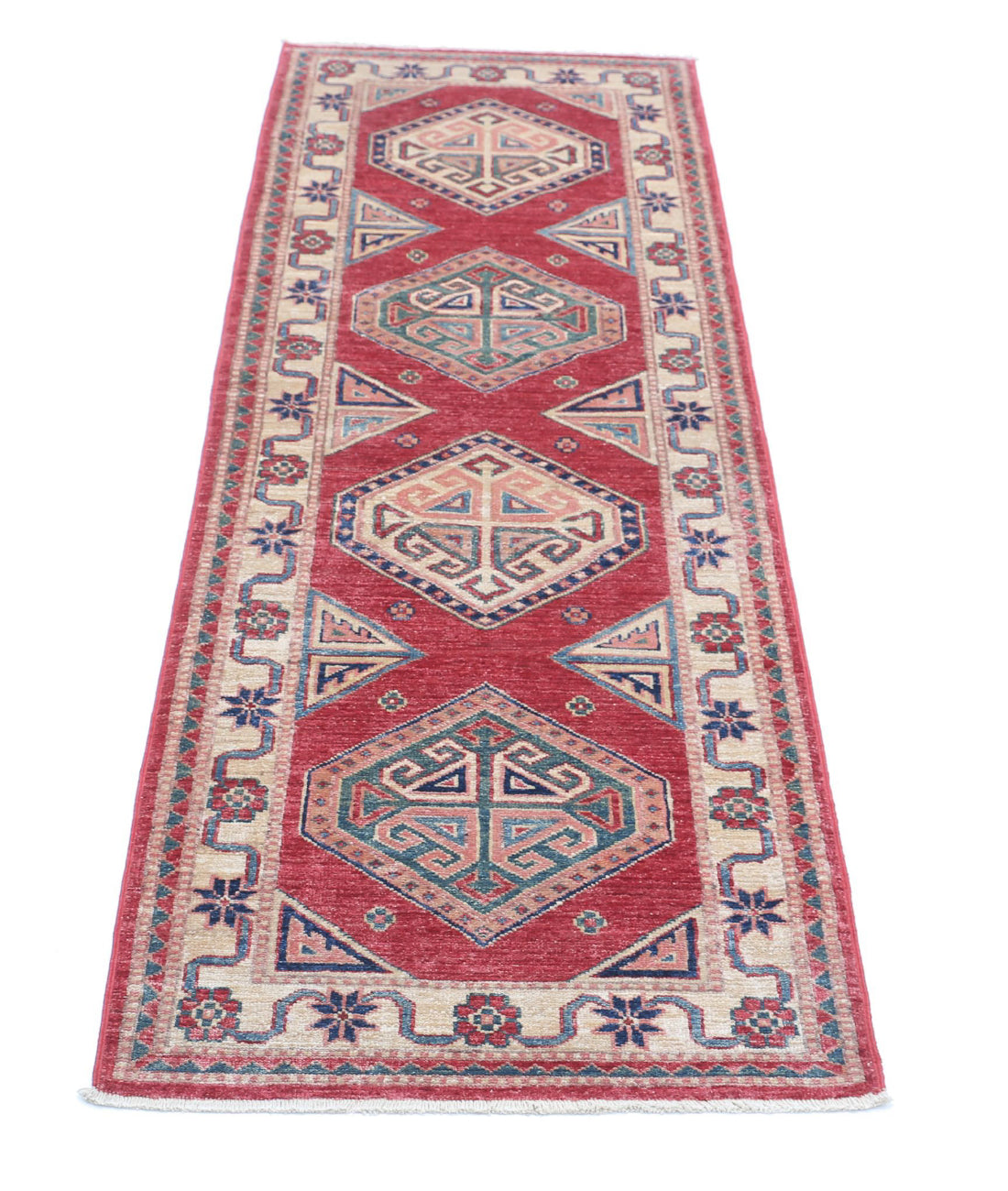 Hand Knotted Royal Kazak Wool Rug - 2'1'' x 6'6'' 2'1'' x 6'6'' (63 X 195) / Red / Ivory