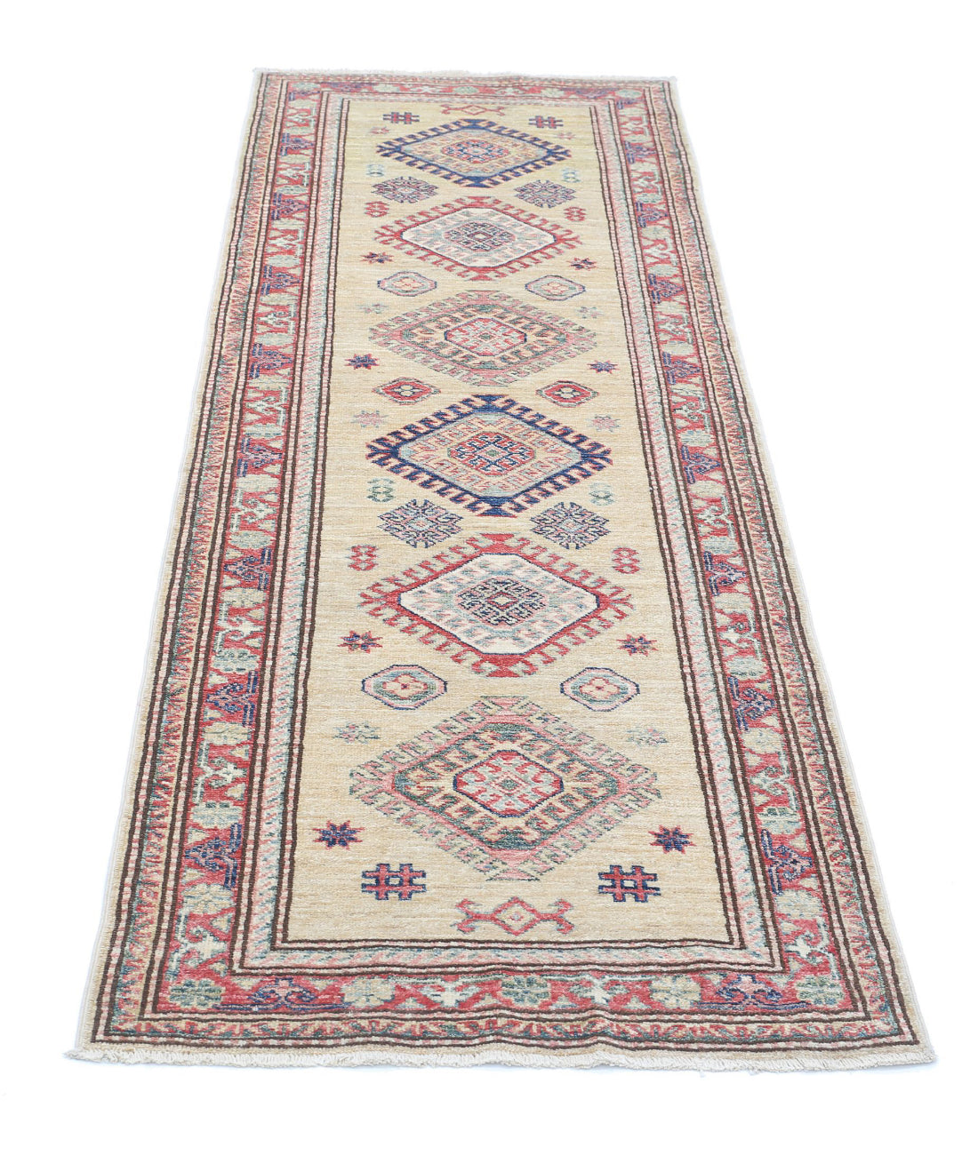 Hand Knotted Royal Kazak Wool Rug - 2'4'' x 6'10'' 2'4'' x 6'10'' (70 X 205) / Beige / Red