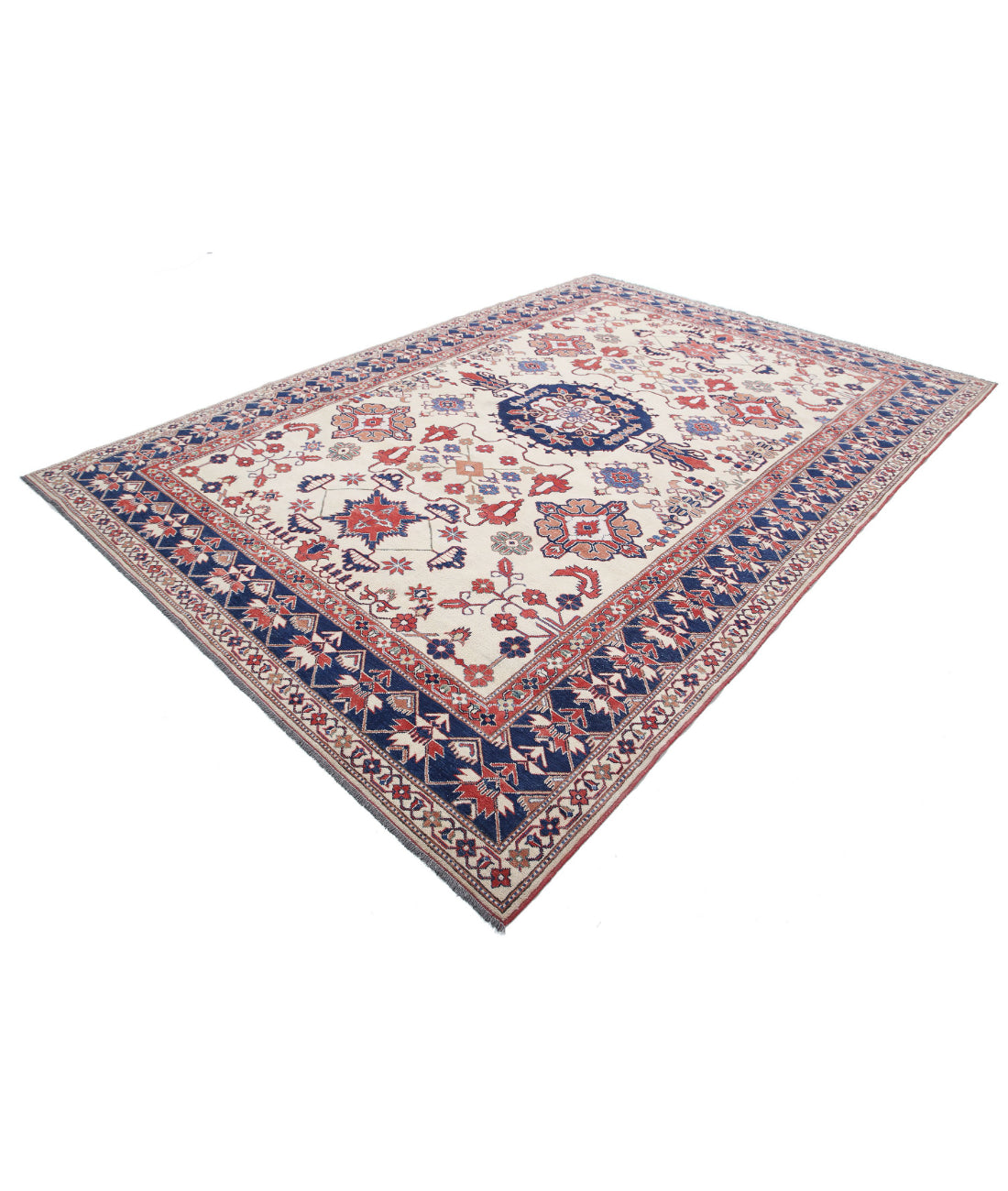 Hand Knotted Royal Kazak Wool Rug - 8'5'' x 11'10'' 8'5'' x 11'10'' (253 X 355) / Ivory / Blue