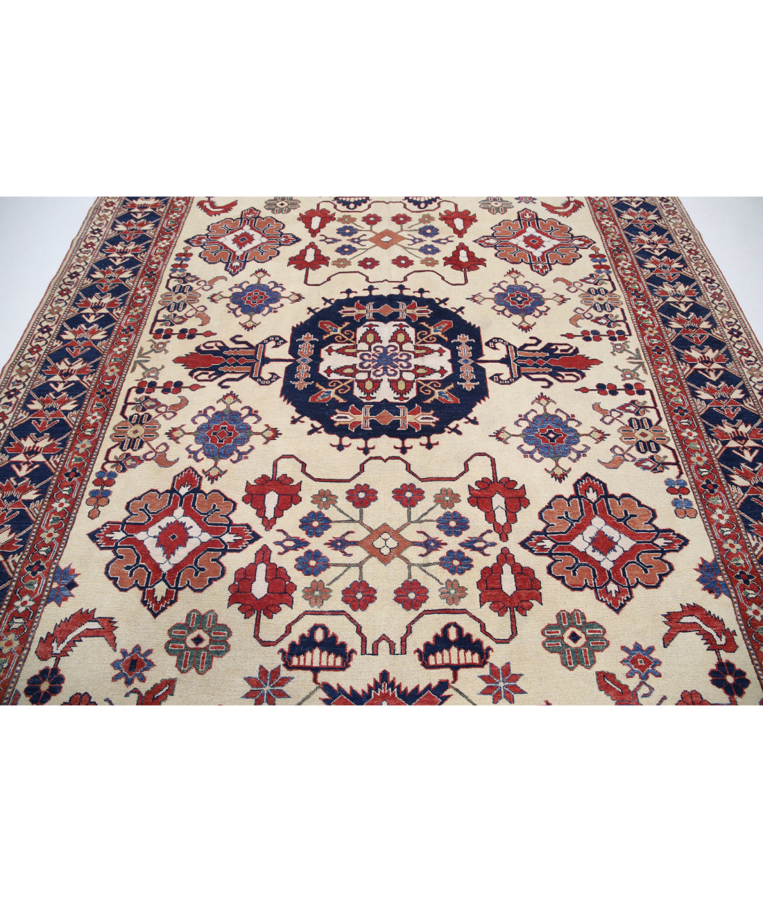 Hand Knotted Royal Kazak Wool Rug - 8'5'' x 11'10'' 8'5'' x 11'10'' (253 X 355) / Ivory / Blue