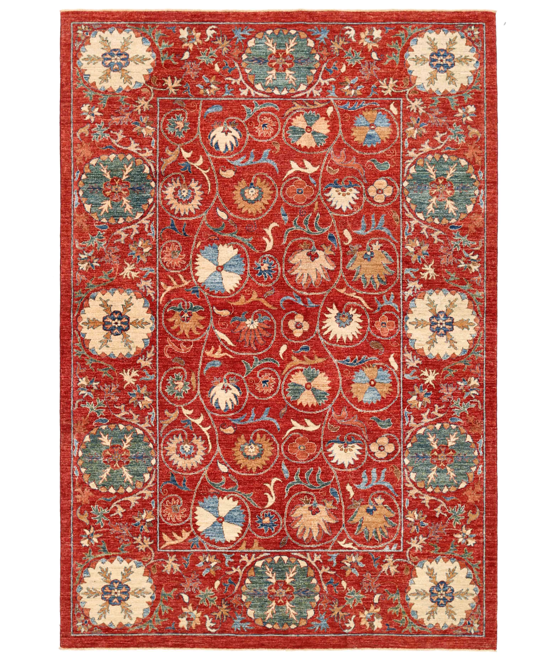 Hand Knotted Suzani Wool Rug  - 6' 2" X 9' 0" 6' 2" X 9' 0" (188 X 274) / Red / Ivory