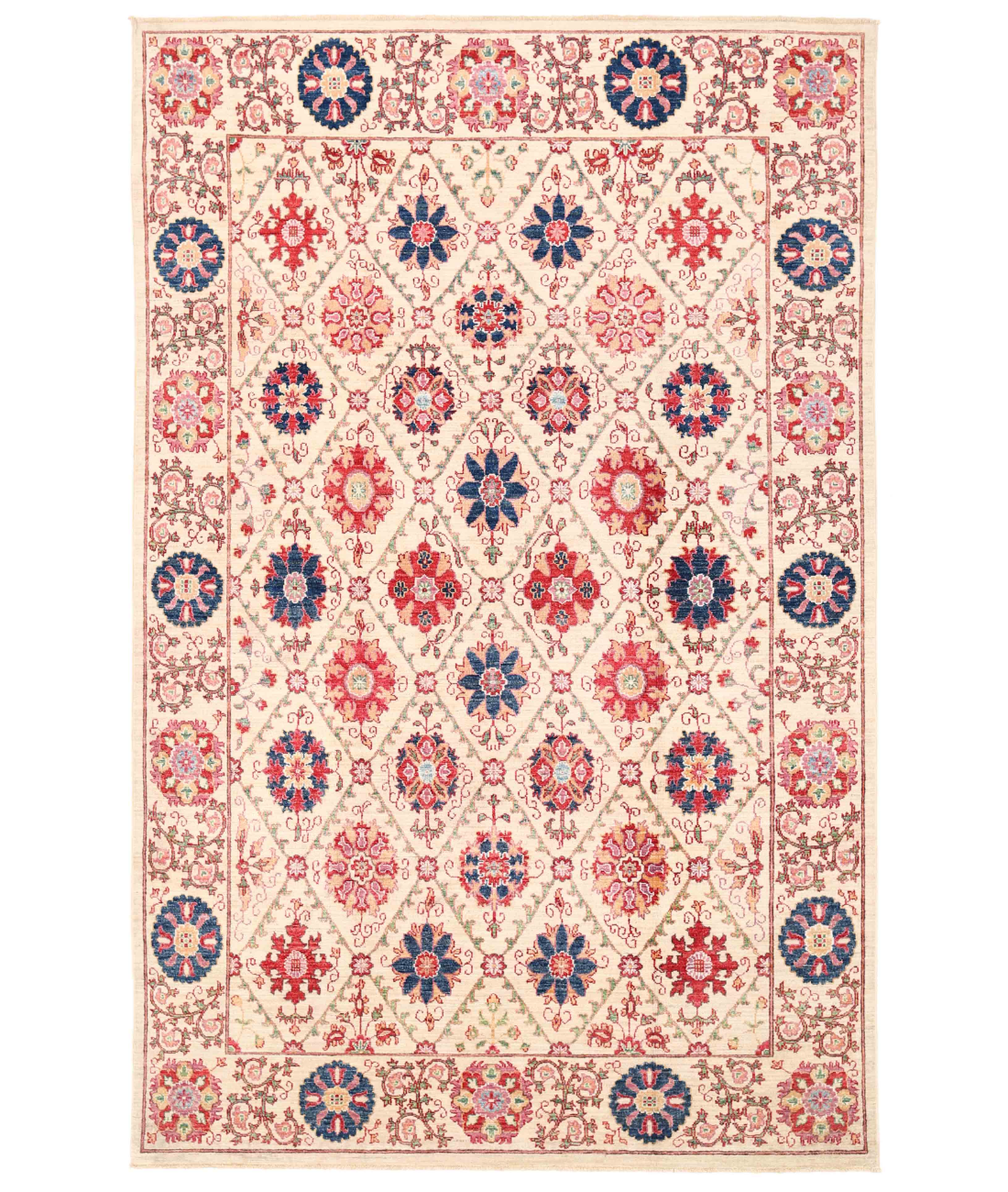 Hand Knotted Suzani Wool Rug  - 5' 11" X 9' 2" 5' 11" X 9' 2" (180 X 279) / Ivory / Red