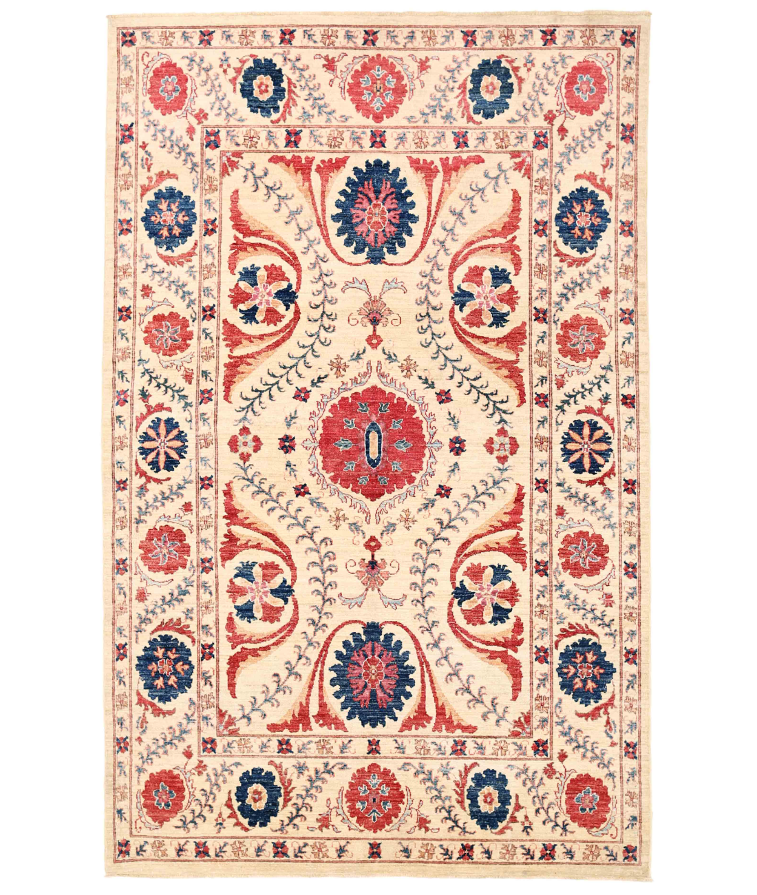 Hand Knotted Suzani Wool Rug  - 5&#39; 10&quot; X 9&#39; 1&quot; 5&#39; 10&quot; X 9&#39; 1&quot; (178 X 277) / Ivory / Red