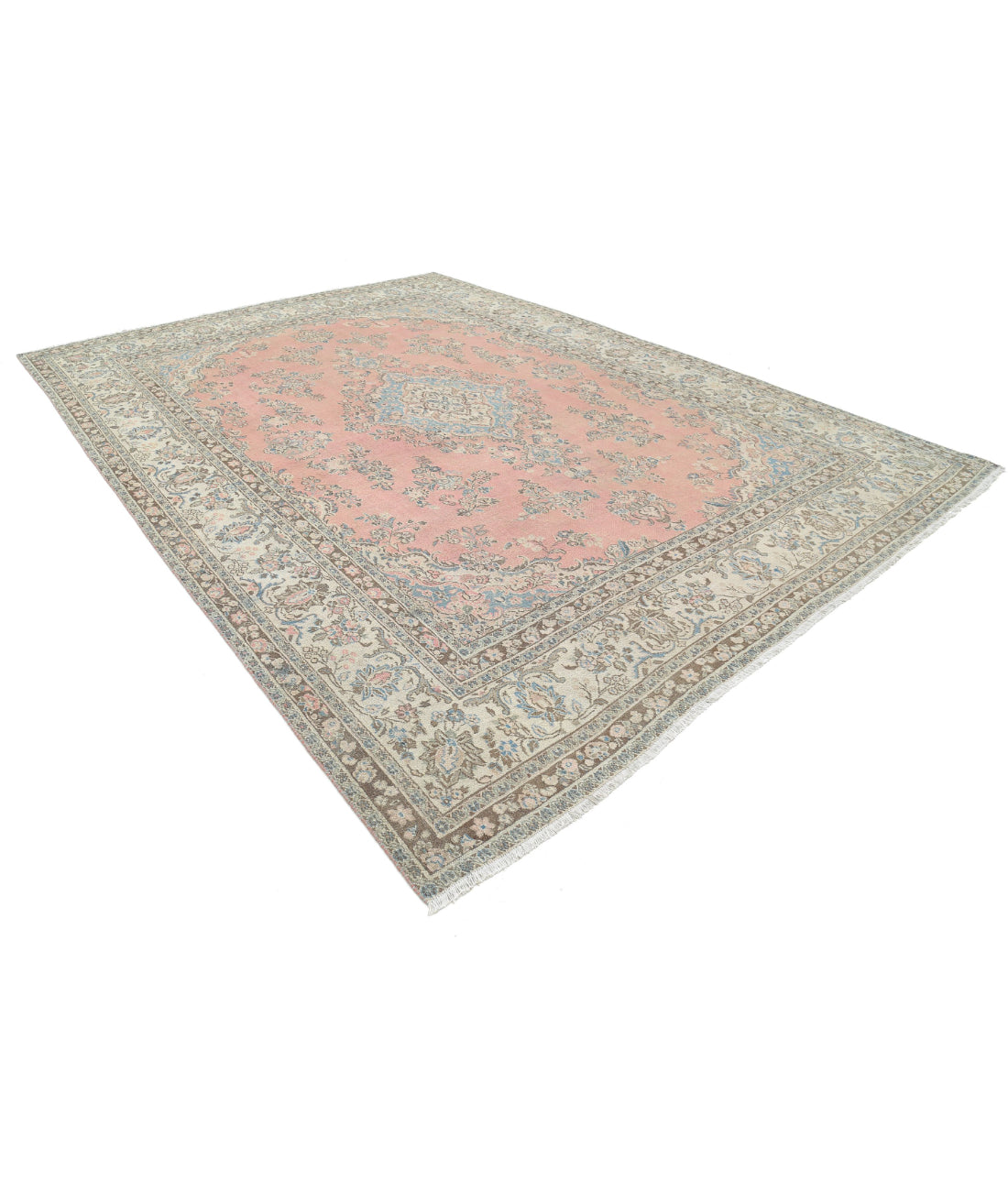 Hand Knotted Vintage Persian Tabriz Wool Rug - 10'0'' x 13'8'' 10'0'' x 13'8'' (300 X 410) / Pink / Ivory