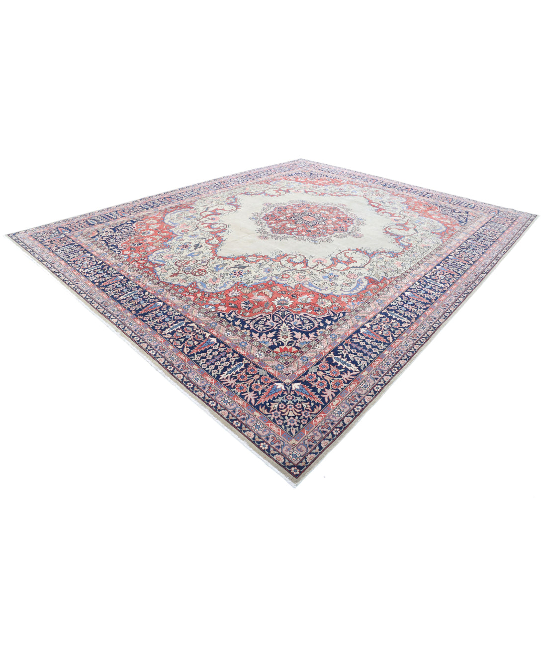 Hand Knotted Antique Persian Tabriz Wool Rug - 11'7'' x 14'5'' 11'7'' x 14'5'' (348 X 433) / Ivory / Blue