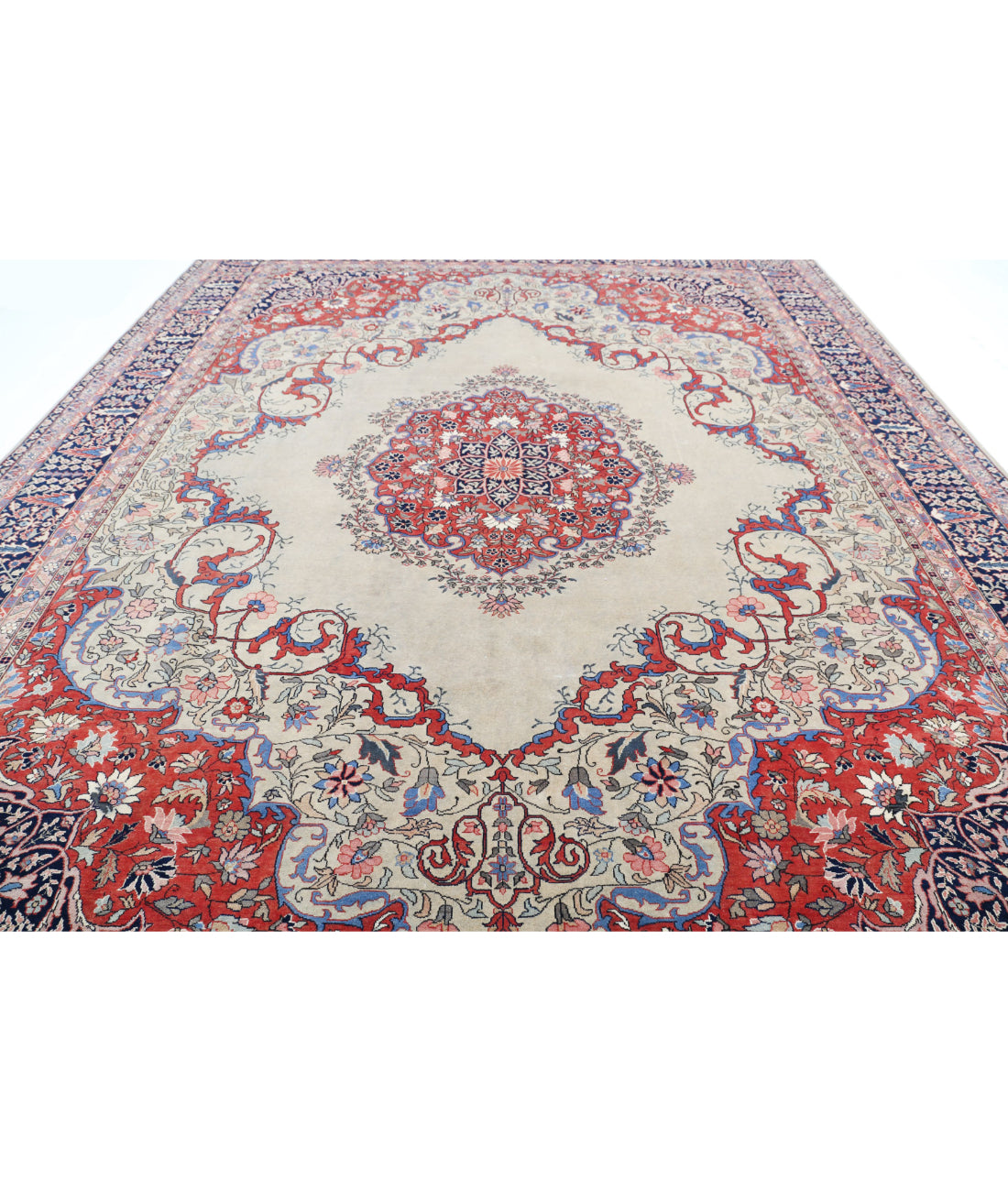 Hand Knotted Antique Persian Tabriz Wool Rug - 11'7'' x 14'5'' 11'7'' x 14'5'' (348 X 433) / Ivory / Blue