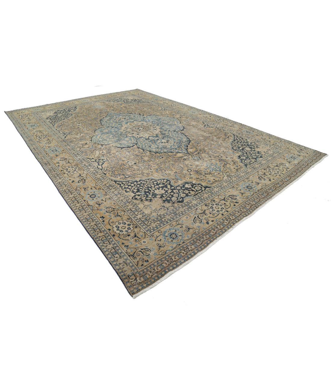 Hand Knotted Antique Persian Tabriz Wool Rug - 10'7'' x 15'3'' 10'7'' x 15'3'' (318 X 458) / Taupe / Blue