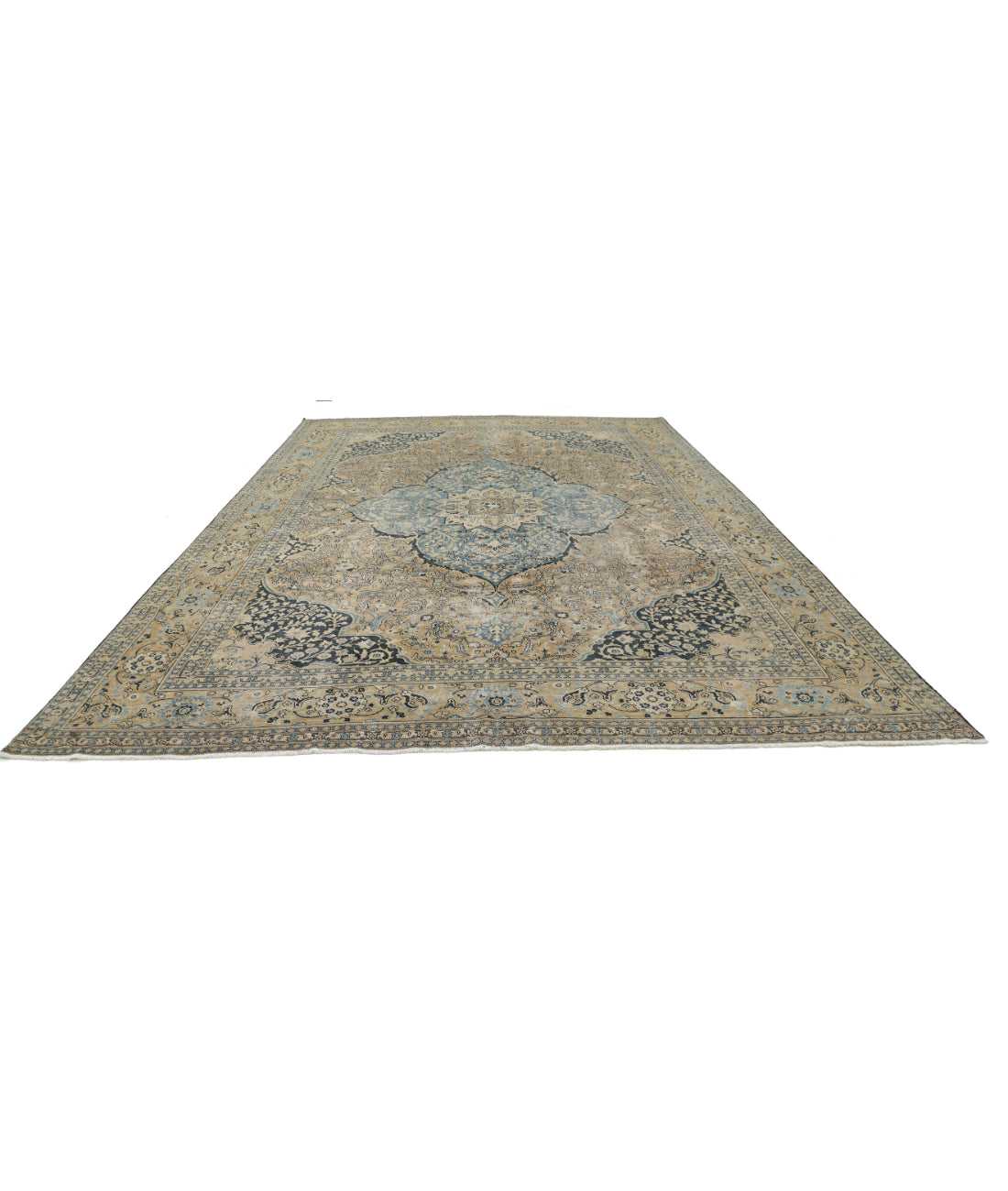 Hand Knotted Antique Persian Tabriz Wool Rug - 10'7'' x 15'3'' 10'7'' x 15'3'' (318 X 458) / Taupe / Blue