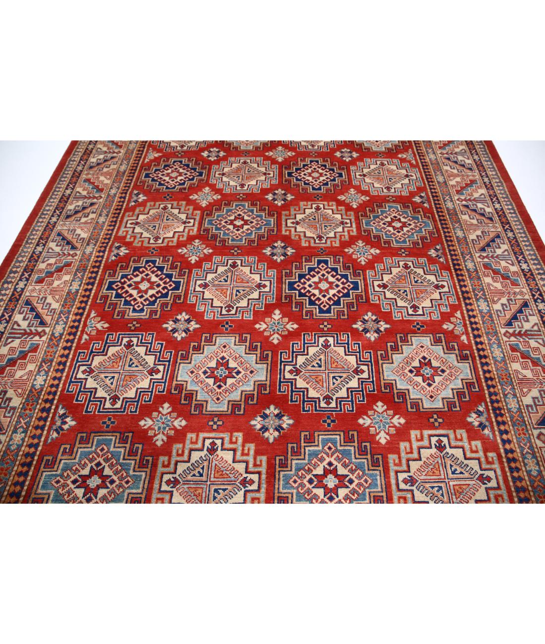 Hand Knotted Tribal Kazak Wool Rug - 8'2'' x 11'3'' 8' 2" X 11' 3" (249 X 343) / Red / Ivory