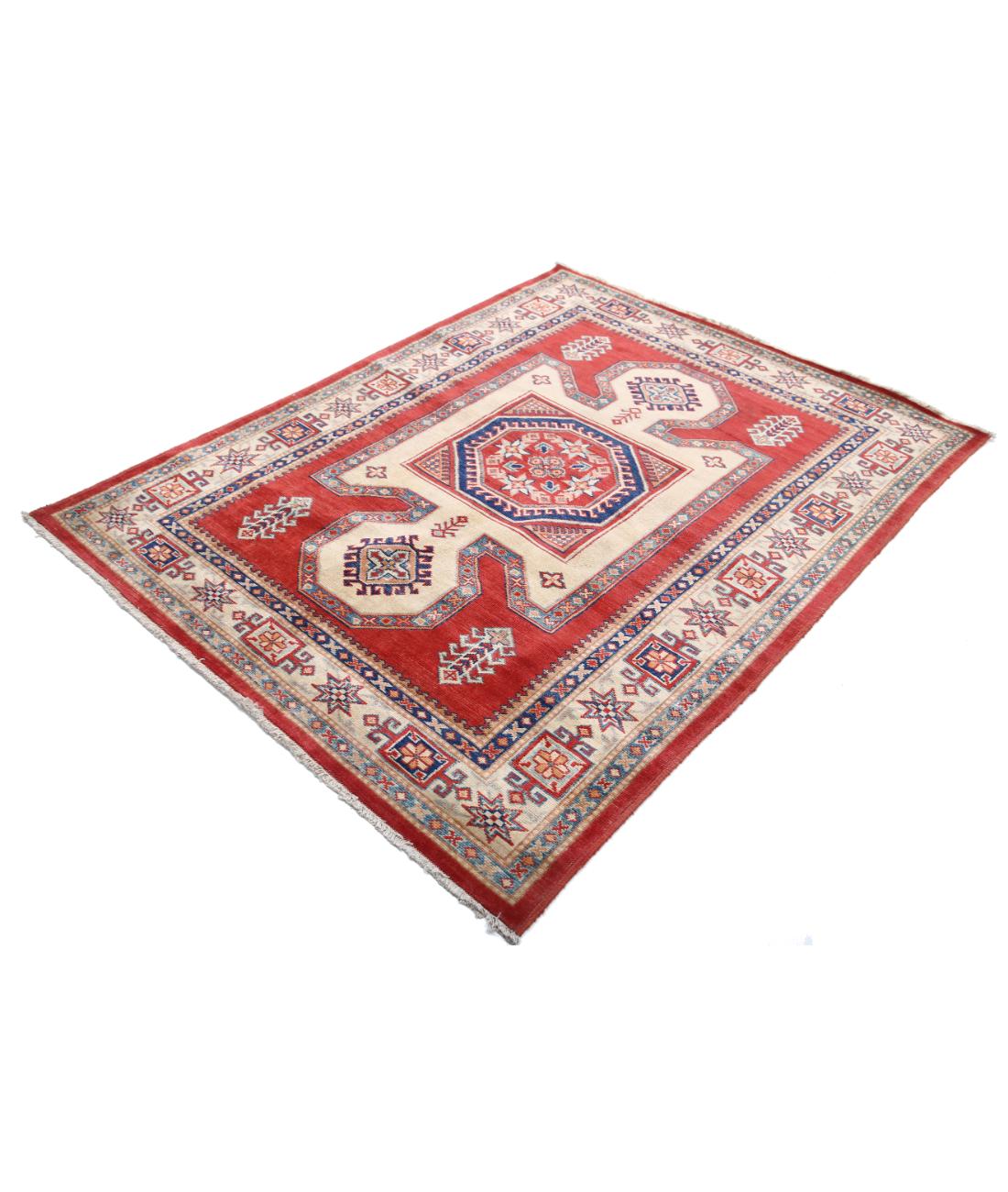 Hand Knotted Tribal Kazak Wool Rug - 4'11'' x 6'5'' 4' 11" X 6' 5" (150 X 196) / Red / Ivory