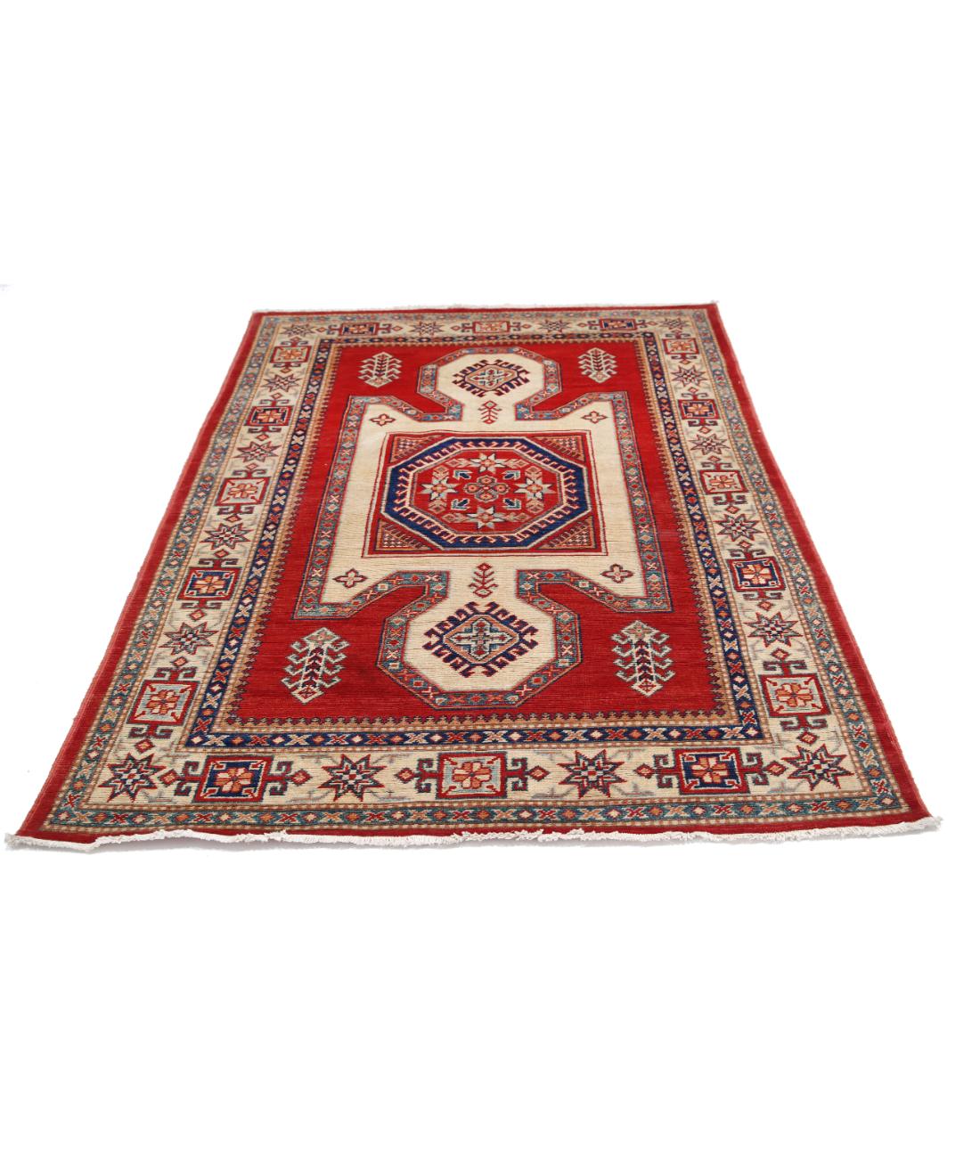 Hand Knotted Tribal Kazak Wool Rug - 4'11'' x 6'5'' 4' 11" X 6' 5" (150 X 196) / Red / Ivory