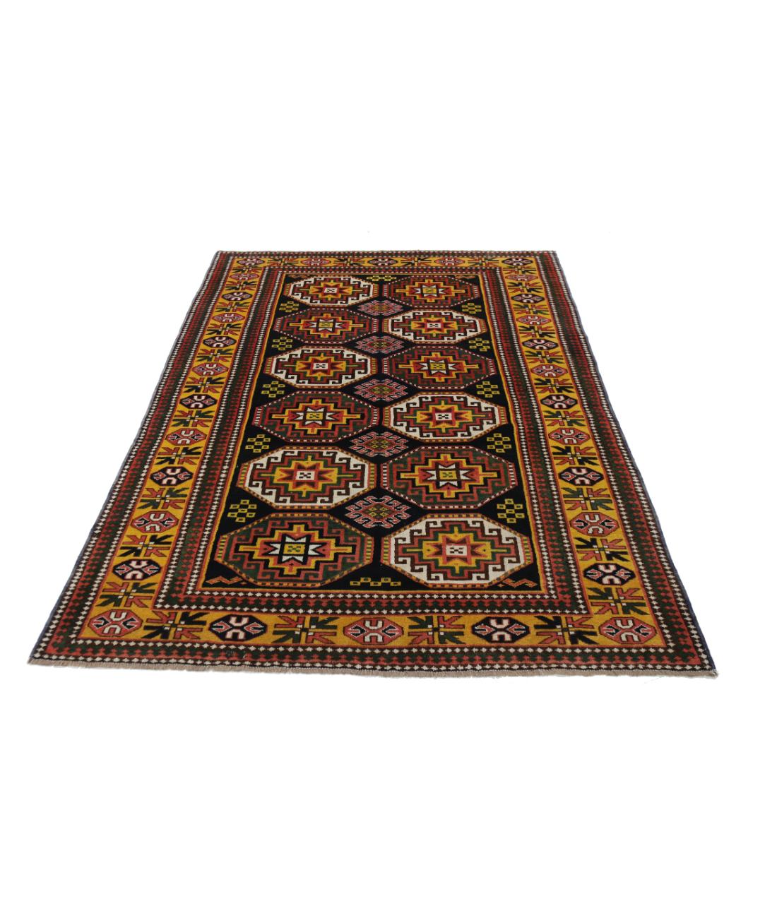 Hand Knotted Vintage Turkish Kars Wool Rug - 5'0'' x 6'11'' 5' 0" X 6' 11" (152 X 211) / Blue / Gold