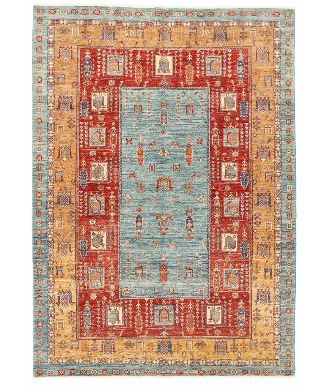 Hand Knotted Ziegler Wool Rug  - 5' 8" X 8' 1" 5' 8" X 8' 1" (173 X 246) / Teal / Gold