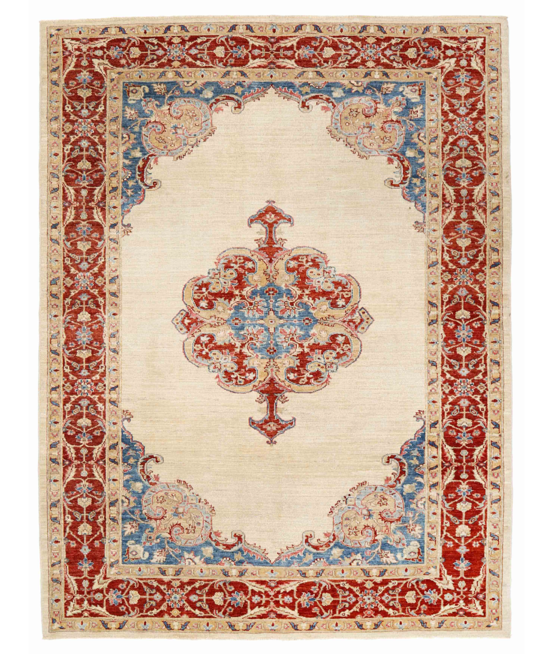 Hand Knotted Ziegler Wool Rug  - 5&#39; 8&quot; X 7&#39; 4&quot; 5&#39; 8&quot; X 7&#39; 4&quot; (173 X 224) / Ivory / Red