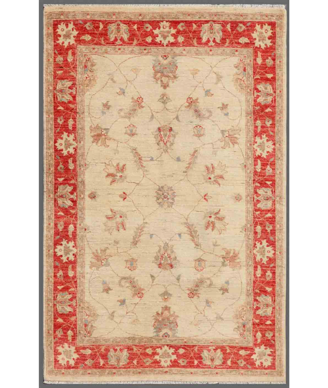 Hand Knotted Ziegler Wool Rug  - 4&#39; 1&quot; X 6&#39; 3&quot; 4&#39; 1&quot; X 6&#39; 3&quot; (124 X 191) / Ivory / Red