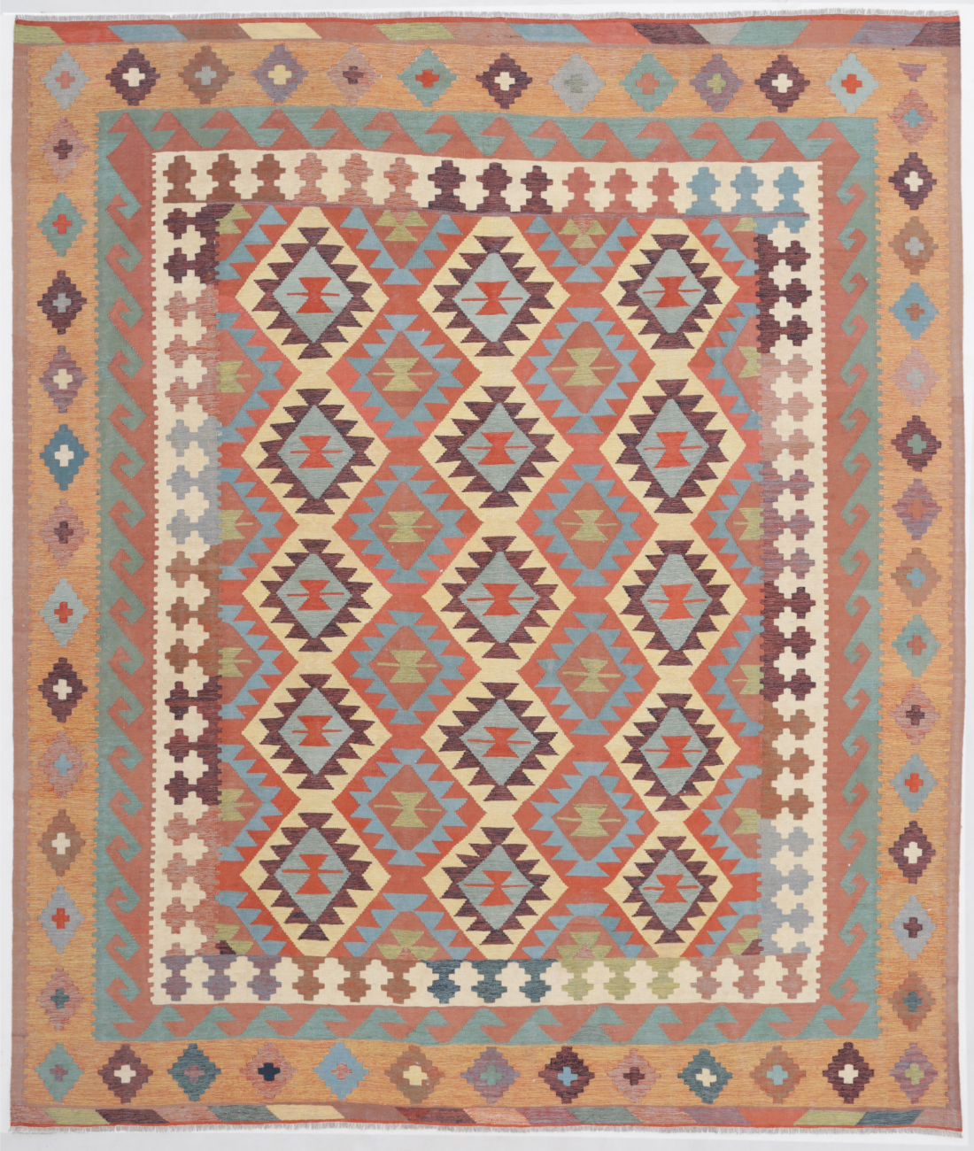 Hand Woven Kafkas Kilim Wool Kilim  - 8&#39; 3&quot; X 9&#39; 9&quot; 8&#39; 3&quot; X 9&#39; 9&quot; (251 X 297) / Blue / Pink