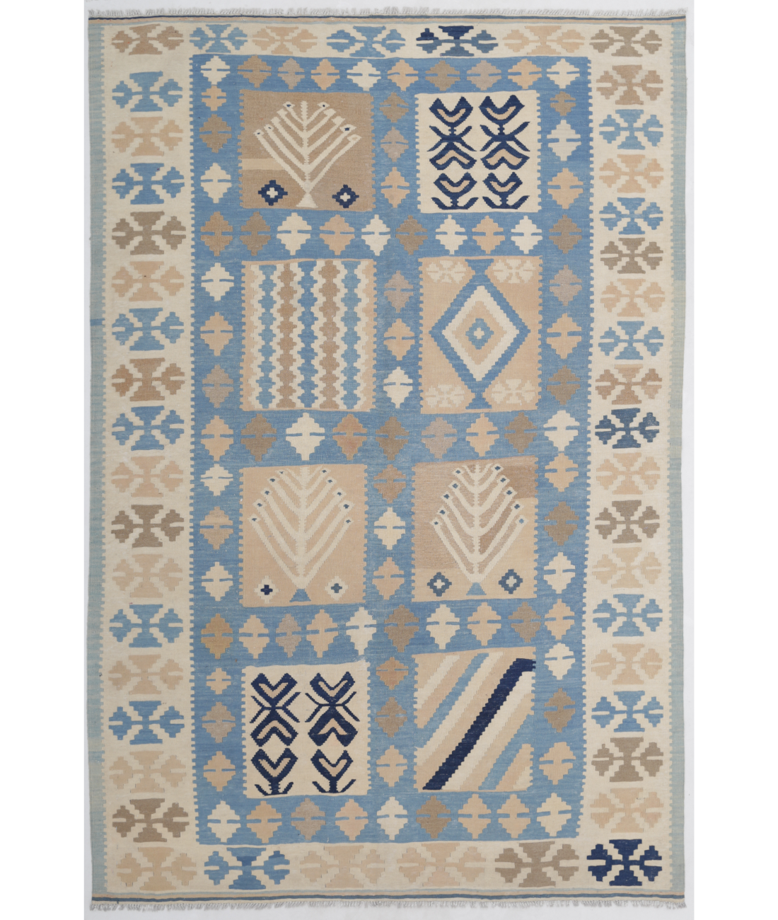 Hand Woven Kafkas Kilim Wool Kilim  - 5&#39; 8&quot; X 8&#39; 8&quot; 5&#39; 8&quot; X 8&#39; 8&quot; (173 X 264) / Blue / Ivory