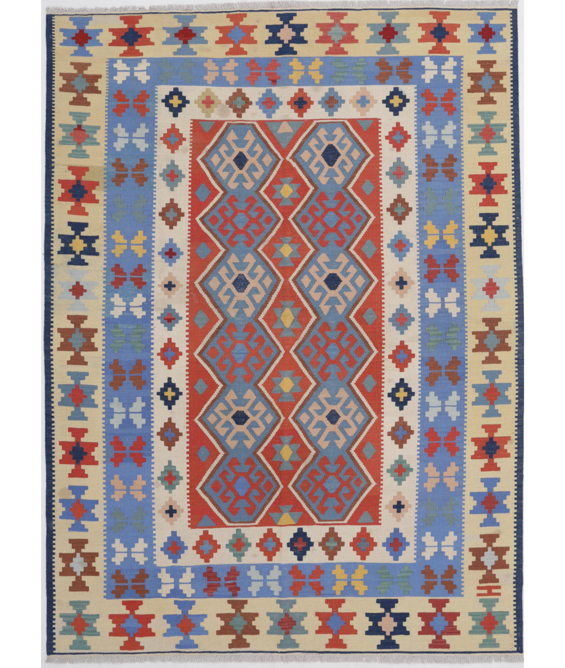 Hand Woven Kafkas Kilim Wool Kilim  - 6&#39; 1&quot; X 8&#39; 8&quot; 6&#39; 1&quot; X 8&#39; 8&quot; (185 X 264) / Blue / Ivory